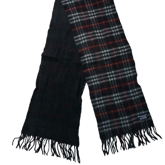 Luxury Vintage Burberry Reversible Black Red Plaid on Solid Black Wool Scarf - Picture 1 of 7